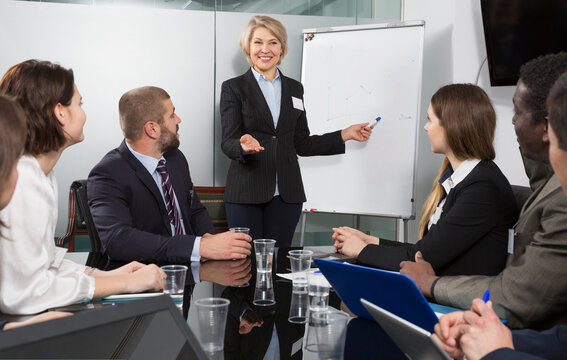 Positive mature businesswoman doing presentation to colleagues on flipchart with graphs and diagrams