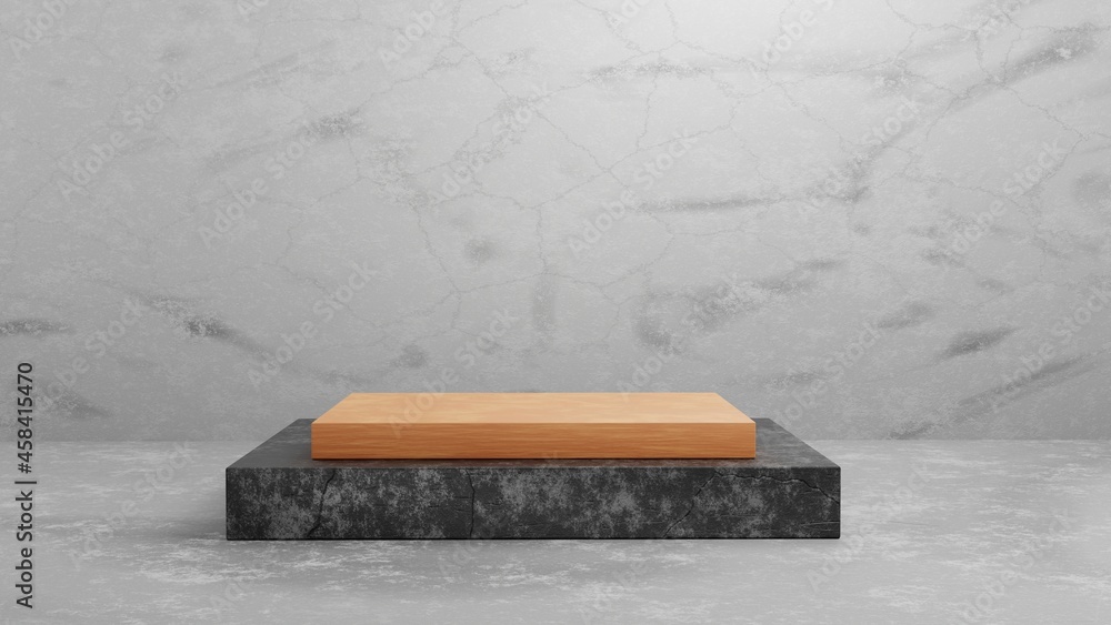 Aufkleber 3d rendering square wood and concrete pedestal podium on grey cement texture background for presenta