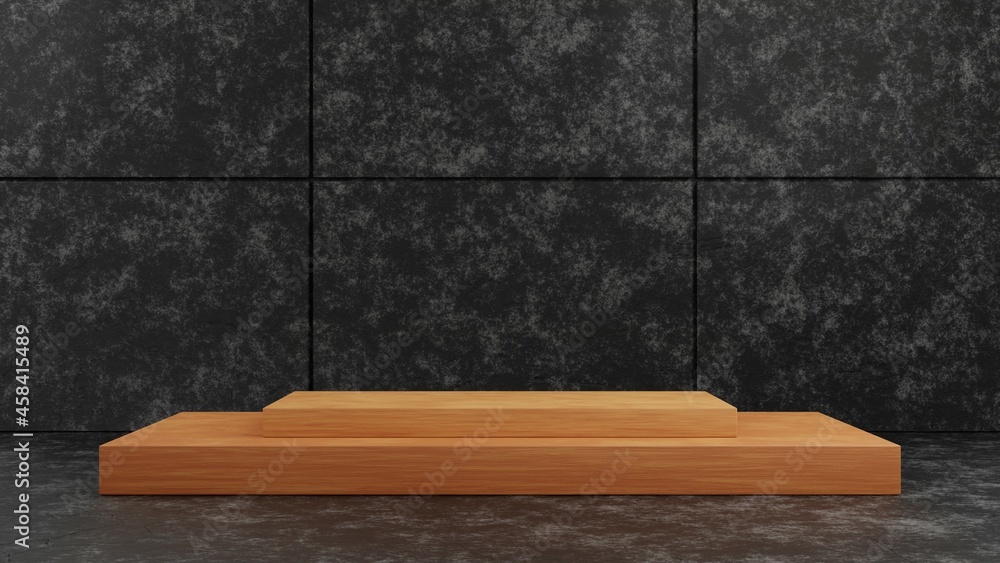 Poster 3d rendering square wooden pedestal podium on dark cement texture wall background for presentation t
