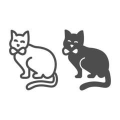 Sitting cat with bow, kitty line and solid icon, pets concept, kitten sits vector sign on white background, outline style icon for mobile concept and web design. Vector graphics.