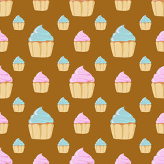 Seamless pattern of cupcakes on a polka dot background.