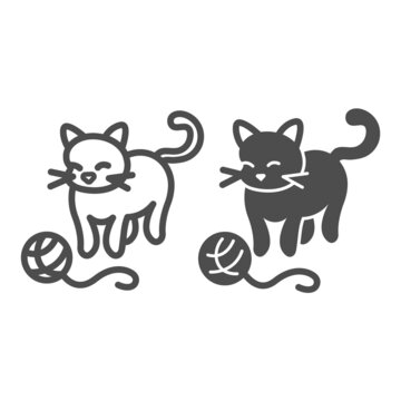 Cat, kitty plays with clew line and solid icon, pets concept, kitten and yarn ball vector sign on white background, outline style icon for mobile concept and web design. Vector graphics.