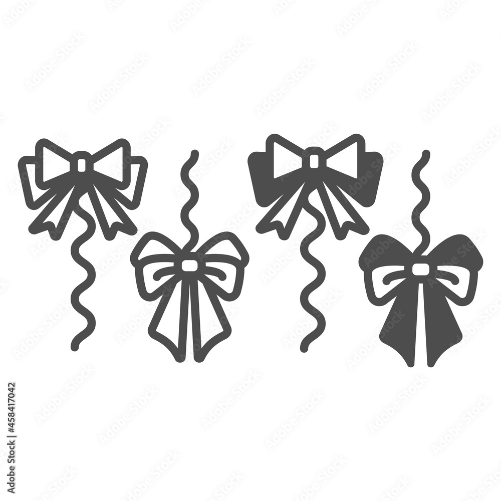 Poster bows on a rope, thread, cat toy line and solid icon, pets concept, string with bow for kitten vector