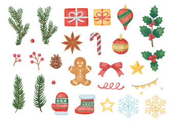 手描き風　絵本のような、かわいいクリスマスイラストセット　オーナメント、モミの葉など　