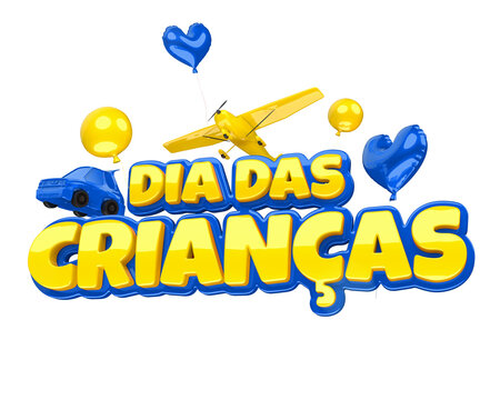 DIA DAS CRIAN&Ccedil;AS SELO 3D, AMARELO E AZUL EM FUNDO ISOLADO