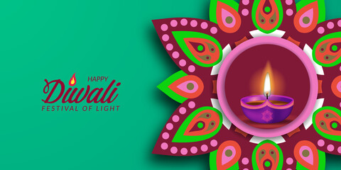 Diwali festival holiday design with paper cut style of Indian Rangoli mandala floral decoration with oil lamp light
