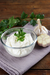 Arabic thoum or garlic sauce in a bowl