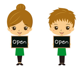 「Open」と書かれたブラックボードを持っているレストラン、カフェ店員
