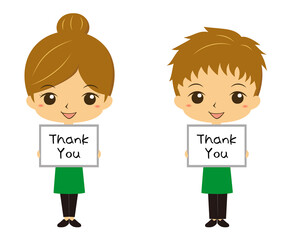 「Thank You」と書かれたホワイトボードを持っているレストラン、カフェ店員