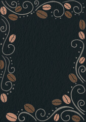 Abstract roasted coffee beans frame with ivy drawing on black paper for decoration on coffee concept.
