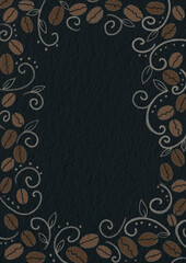 Abstract roasted coffee beans frame with ivy drawing on black paper for decoration on coffee concept.