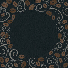 Abstract roasted coffee beans frame with ivy drawing on black paper for decoration on coffee concept.