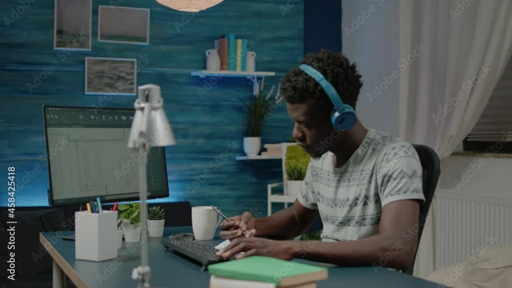 Poster black man working as engineer with architectural software on computer. architect of african ethnicit