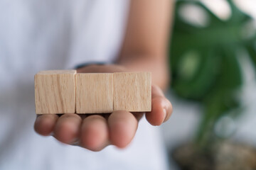 Blank wooden cube that you can put text or icon on in hand hold.