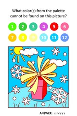 Visual puzzle with picture palette. Winter holidays gift or present with beautiful bow. 
