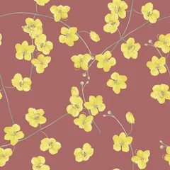 Fotobehang Floral seamless pattern, yellow golden shower flowers on dark red © momosama