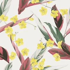 Fotobehang Floral seamless pattern, golden shower flowers and Ctenanthe oppenheimiana on bright brown © momosama