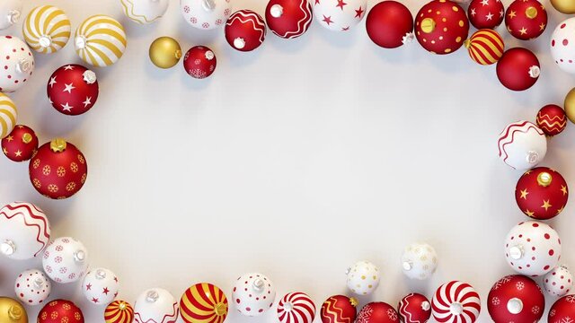 Holiday composition with copy space. Frame of christmas balls. 3D render animation