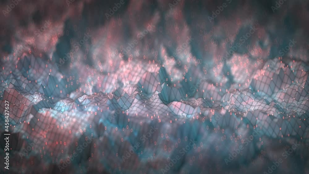 Aufkleber wavy wireframe polygonal relief. futuristic technology background. seamless loop 3d render animation