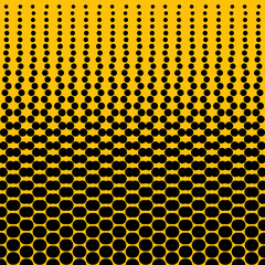 Abstract seamless geometric circle pattern. Mosaic background of black circles. Evenly spaced shapes of different sizes. Vector illustration on amber background