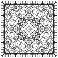 Outline square flower pattern in mehndi style for coloring book page