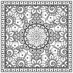 Outline square flower pattern in mehndi style for coloring book page