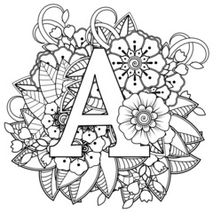 Letter A with Mehndi flower. decorative ornament in ethnic oriental style. coloring book page. 
