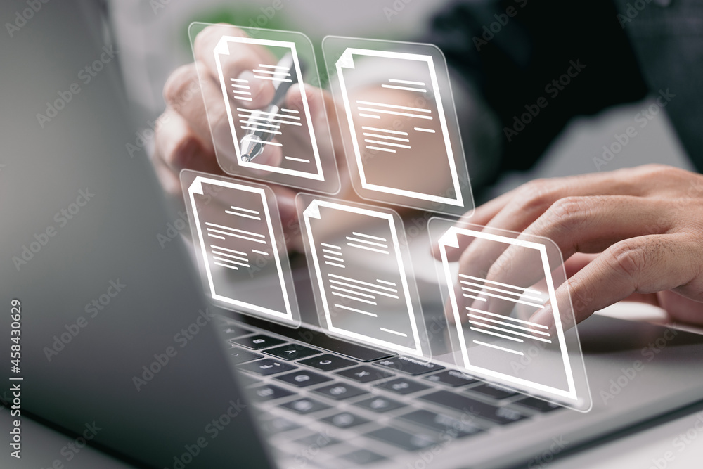 Aufkleber businessman working on laptop computer with electronics document icons, e-document management, onlin