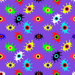Fototapeta premium Seamless pattern of multicolored abstract eyes on a violet background. Vector illustration 