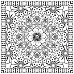 Outline square flower pattern in mehndi style for coloring book page