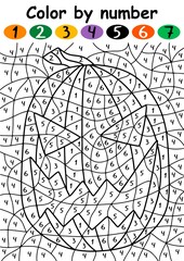 Halloween pumpkin color by number vector illustration. Educational activity page for children with numbers in English. Color each piece by correct color and get a scary carved halloween pumpkin