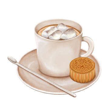 cup of marshmallow coffee with mooncake illustration 