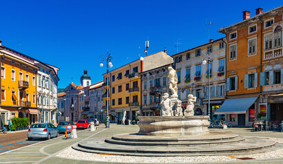 View of central square of Gorizia Piazza della Vittoria (Victory Square) with Neptune Fountain at...