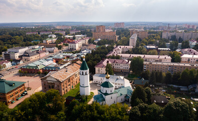 Fototapeta na wymiar Scenic aerial view of Klin townscape with restored Orthodox Church of Resurrection on sunny summer day, Moscow Oblast, Russia