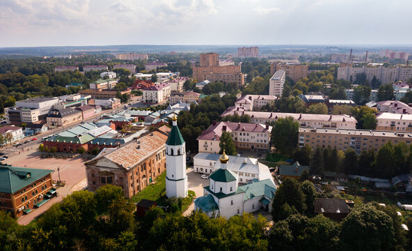 Scenic aerial view of Klin townscape with restored Orthodox Church of Resurrection on sunny summer day, Moscow Oblast, Russia