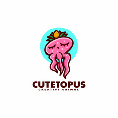 Vector Logo Illustration Cute Octopus Simple Mascot Style.