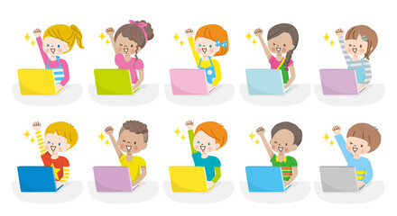 笑顔でパソコンを操作する世界各国の子供達のイラスト