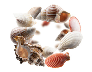 Beautiful seashells levitate on a white background