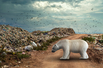 Polar bear search of food over a huge garbage pile landfill for search of food, plastic pollution crisis. global warming, Ecosystem and healthy environment concepts