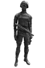 Commando police officer SWAT in black uniform and face mask isolated on white background with...