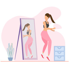 A lady standing in front of a mirror checking body shape, good shape concept, self love 