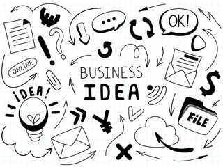 Infographic pointers set. Vector arrows and pointers, doodle style skates of mail, cloud, ideas, currency, wi fi icon, online status, paper work icon and other business elements for presentation.