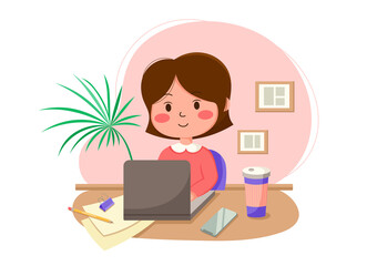 Cute young girl sitting at a table in front of a laptop. Vector illustration of freelance, online study, remote work and education. A girl with a short haircut works at a laptop on a pink background.