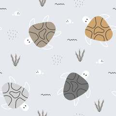 Seamless pattern cartoon animal background with turtle and coral cartoon style hand-drawn design Used for printing, wallpaper, decoration, fabrics, textiles. vector illustration