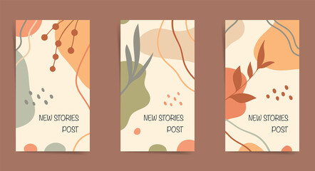 Social media stories banners design set. Autumn design for new stories. Fall design with geometric shapes, leaves and lines in orange, green and beige colors. Creative illustration with floral print.