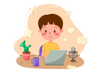 Boy sitting in front of a laptop. Vector illustration for freelance, online classes, distance work or study. Recording a podcast at the desk with cactus and coffee. Kawaii trendy isolated illustration