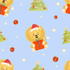 Seamless New Years pattern. Cute Santa lion with big gift on blue background with Christmas tree and Christmas balls. Vector illustration. For New Years decoration, wallpaper, packaging, textiles