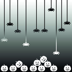 Vector graphics-an abstract black-and-white composition with pumpkins and spiders on a web on a gradient background. Halloween Concept Print