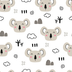 Seamless pattern of faces of brown bears and clouds. hand drew cartoon animal background in children style used for printing, wallpaper, decoration, textile vector illustration
