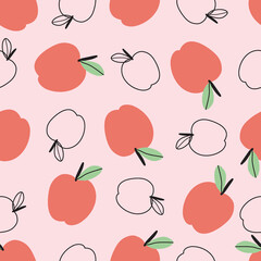 Red apple seamless pattern hand drawn design fruit background in cartoon style Used for printing, wallpaper, decoration, textile clothing pattern. vector illustration